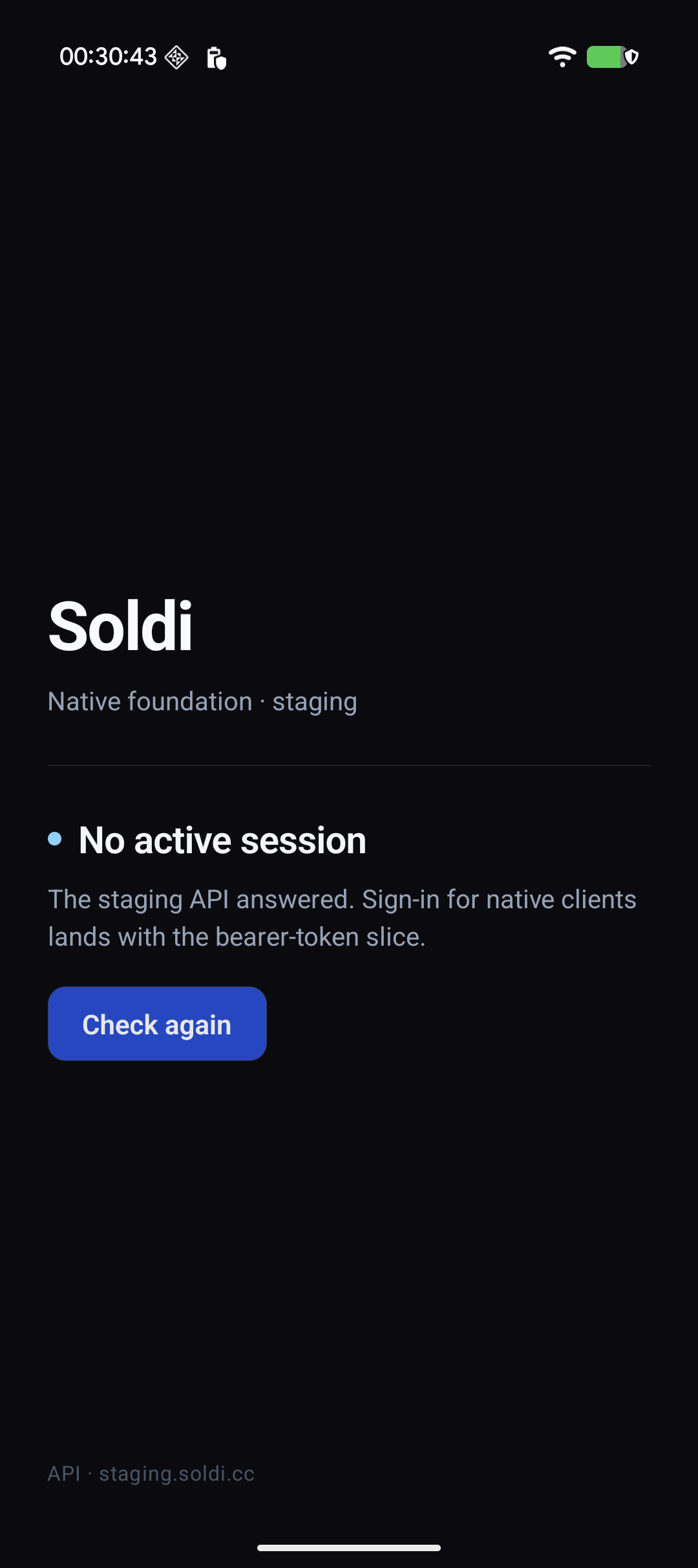 soldi native app cold-started on a real Pixel 10: Soldi title, 'No active session' state, staging API footer
